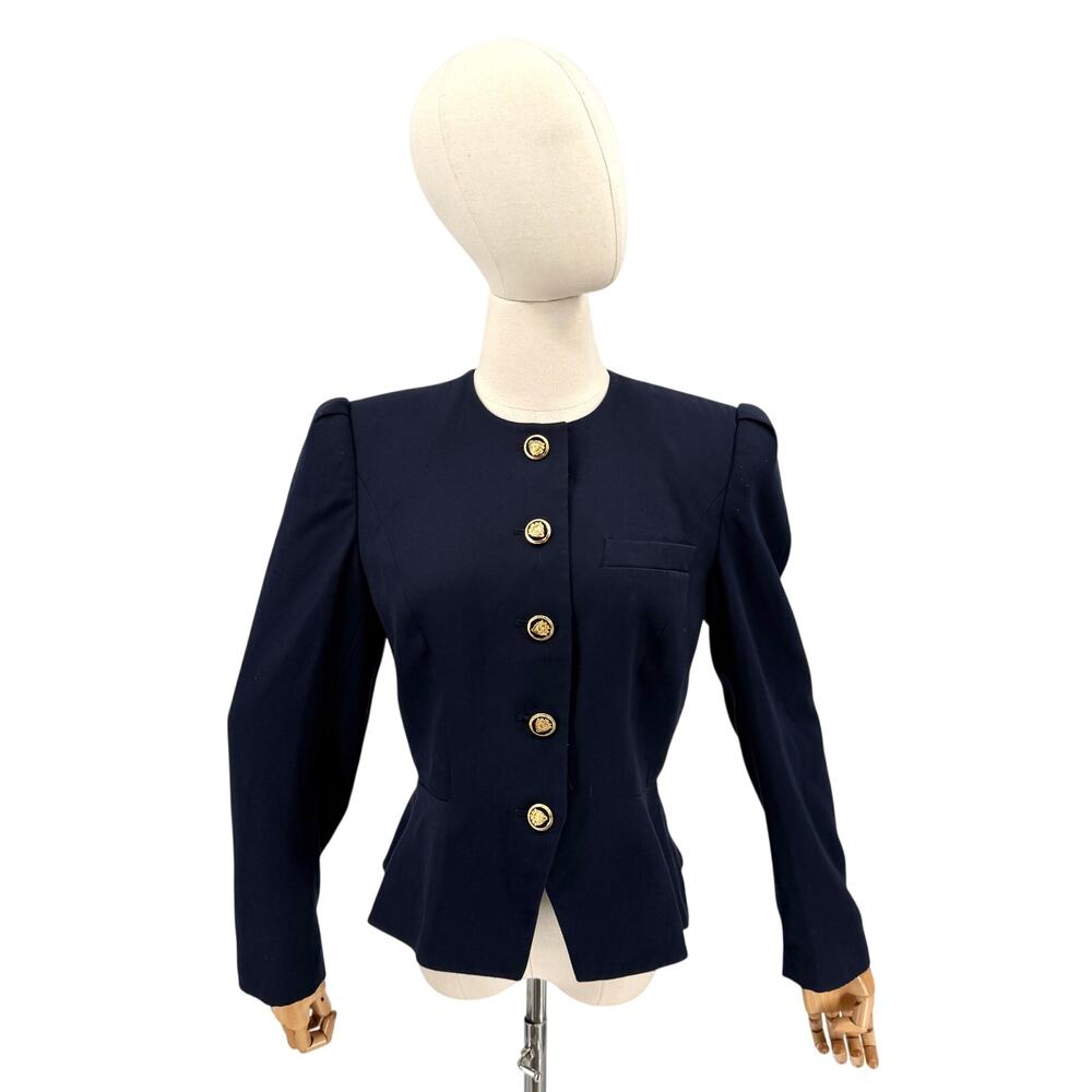 Vintage 80s Sassoon Navy Blue Puff Sleeve Peplum Fitted Blazer Jacket